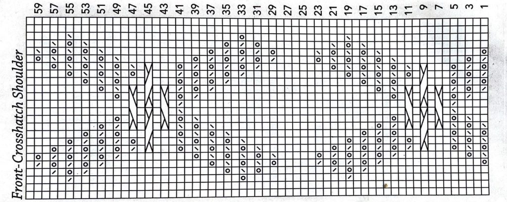 knitting pattern labeled front-crosshatch shoulder with marks in a grid