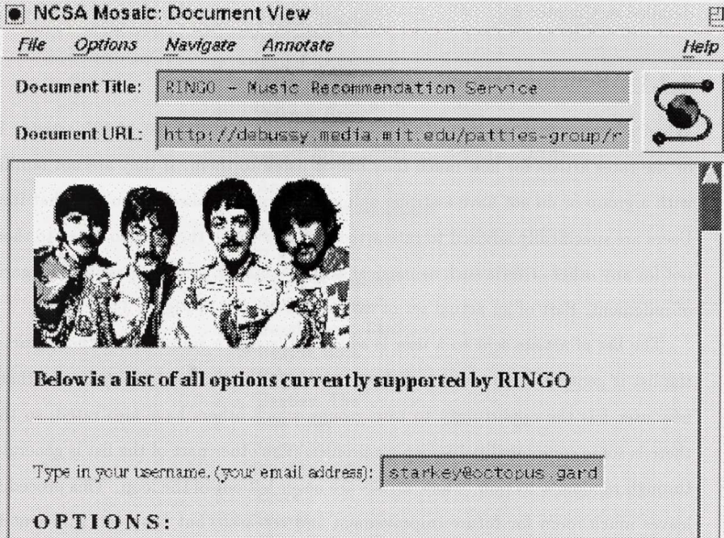 Ringo website on Mosaic browser, feturing a picture of the Beatles