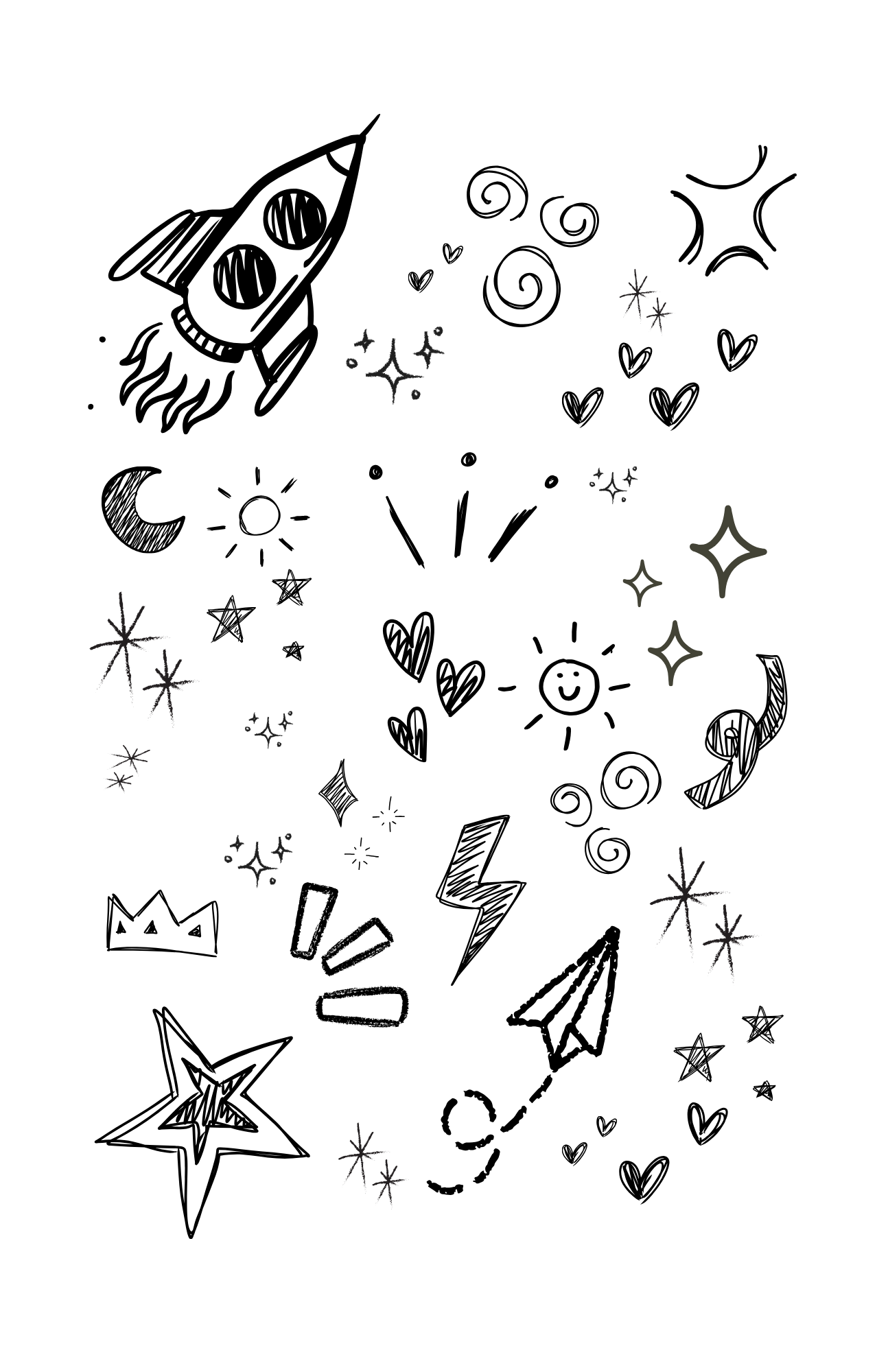 Doodle with stars, hearts, sun, moon, crown, and rocketship.